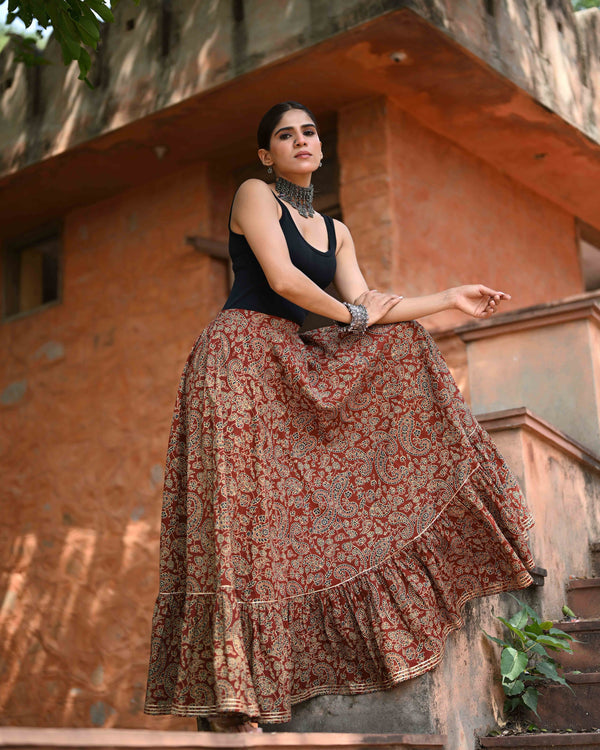 Khushal K Women's Rust Printed Cotton Flared Maxi Skirt