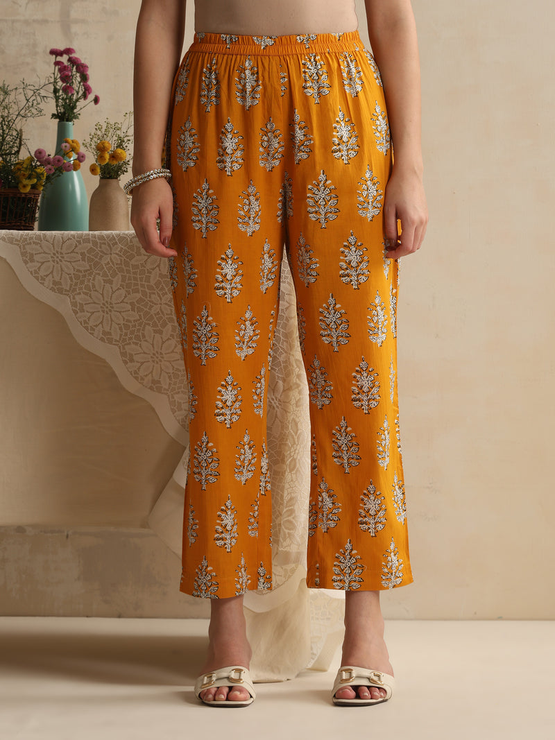 Khushal K Women Floral Printed Regular Pure Cotton Mustard Kurta & Palazzo With Dupatta
