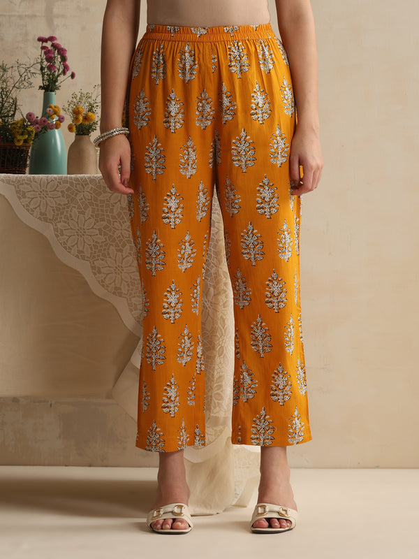 Khushal K Women Floral Printed Regular Pure Cotton Mustard Kurta & Palazzo With Dupatta