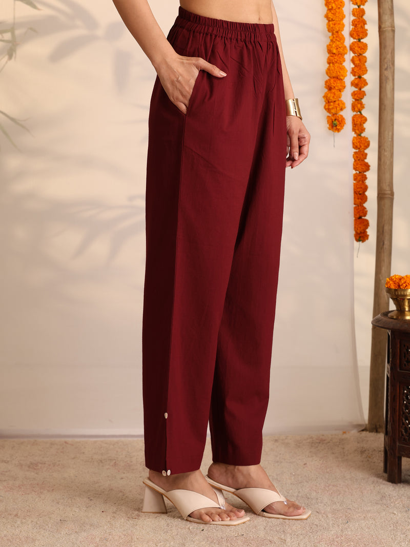 Khushal K Women Cotton kurta and palazzo with dupatta set - Maroon