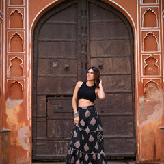 Khushal K Women's Black Printed Cotton Flared Maxi Skirt