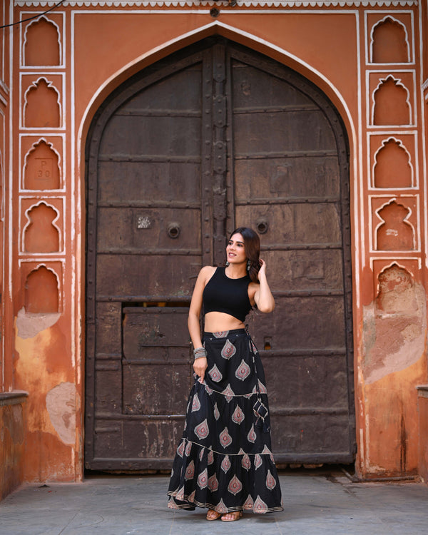 Khushal K Women's Black Printed Cotton Flared Maxi Skirt