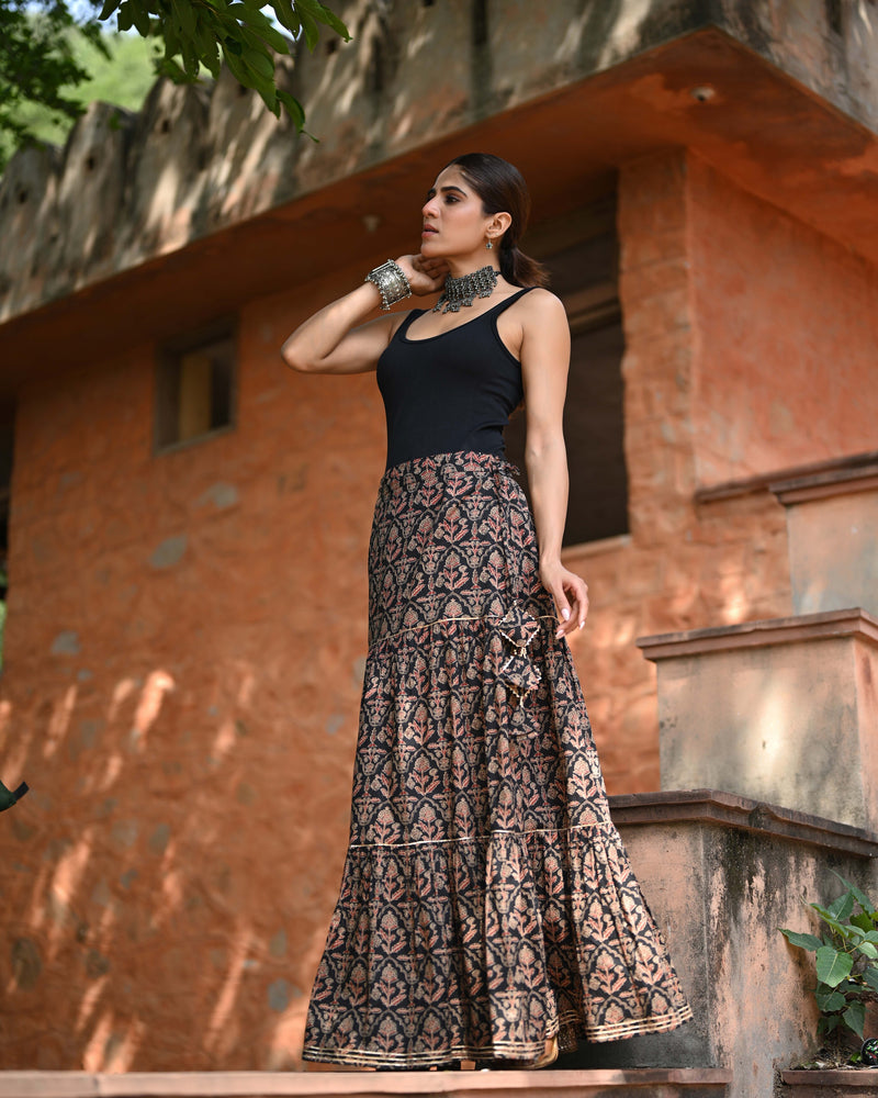 Khushal K Women's Black Printed Cotton Flared Maxi Skirt