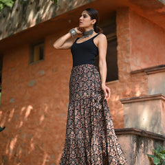 Khushal K Women's Black Printed Cotton Flared Maxi Skirt