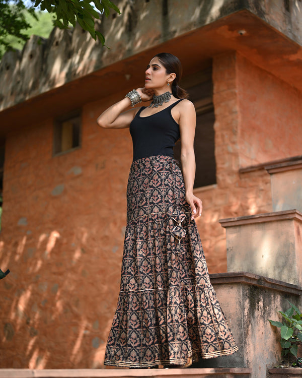 Khushal K Women's Black Printed Cotton Flared Maxi Skirt