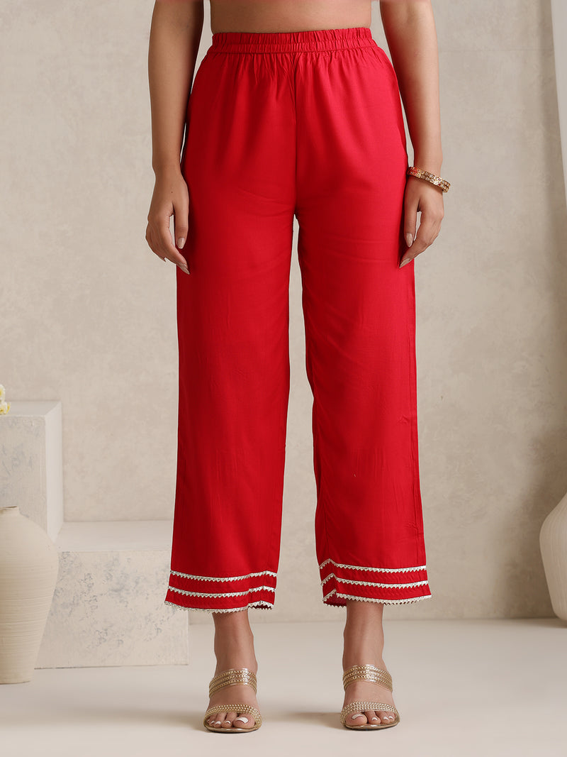 Khushal K  Red v-Neck Anarkali Rayon Kurta kurta set