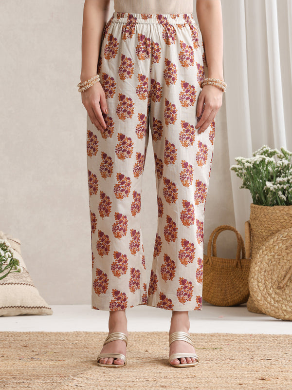 Floral Printed V-Neck Pure Cotton A-Line Kurta with Trousers And Dupatta