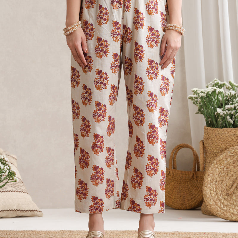 Floral Printed V-Neck Pure Cotton A-Line Kurta with Trousers and Dupatta - Cream - Khushal K - Image 3