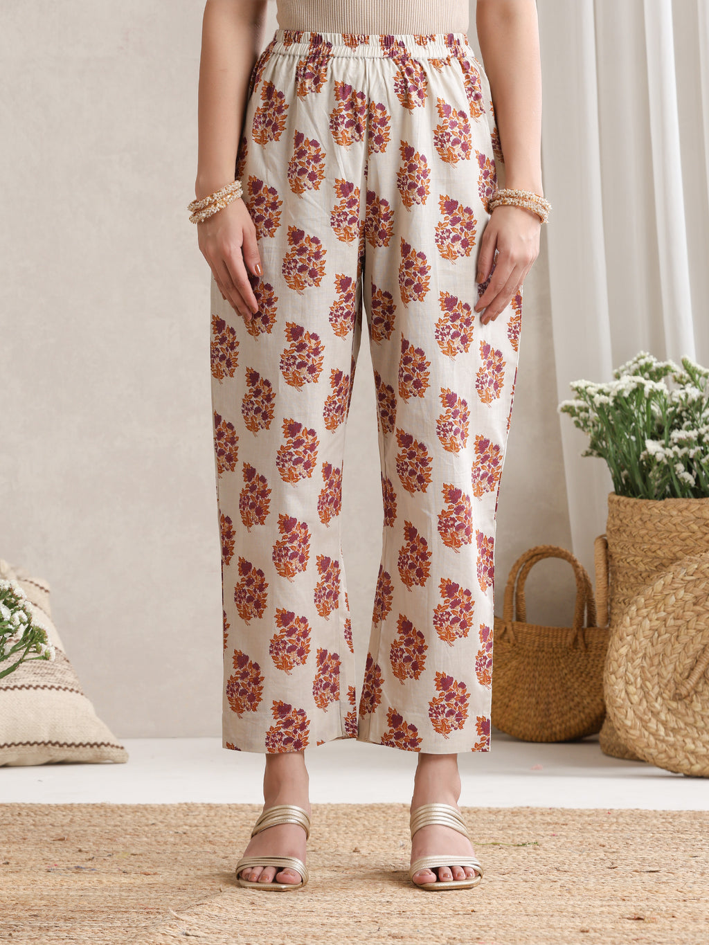 Floral Printed V-Neck Pure Cotton A-Line Kurta with Trousers And Dupatta