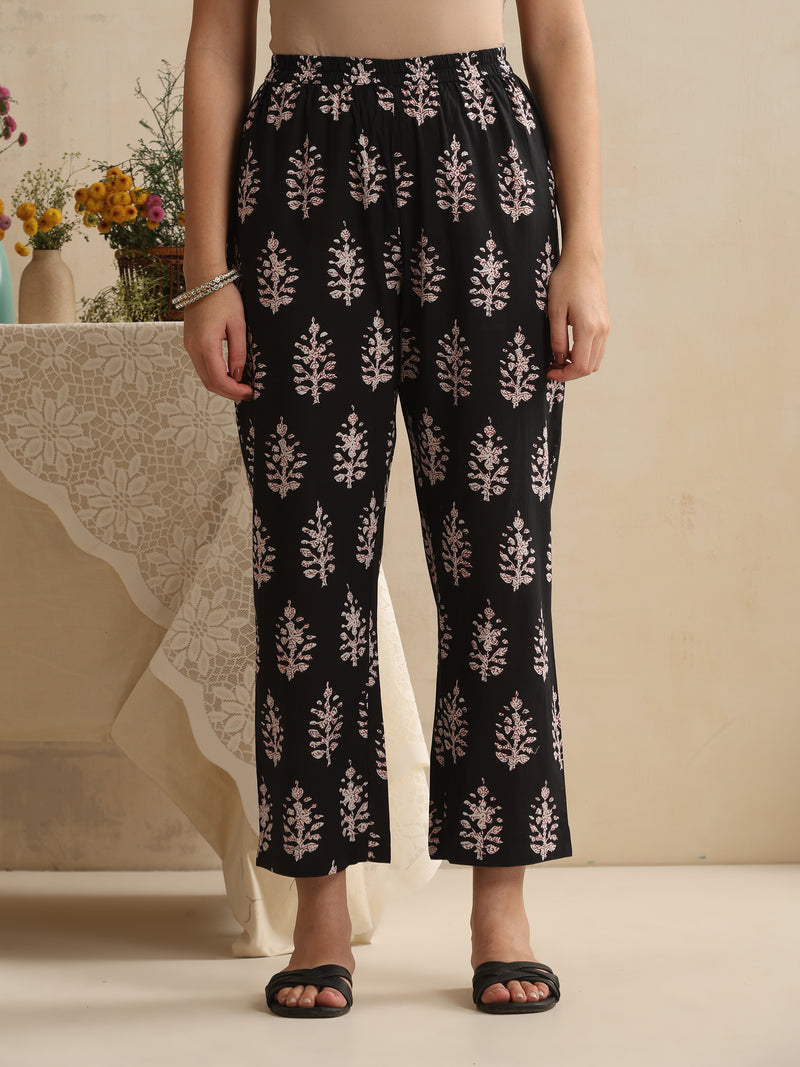 Khushal K Women Black Floral Printed Regular Pure Cotton Kurta & Palazzo With Dupatta