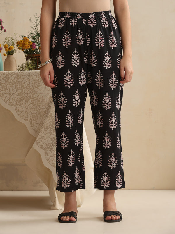 Khushal K Women Black Floral Printed Regular Pure Cotton Kurta & Palazzo With Dupatta