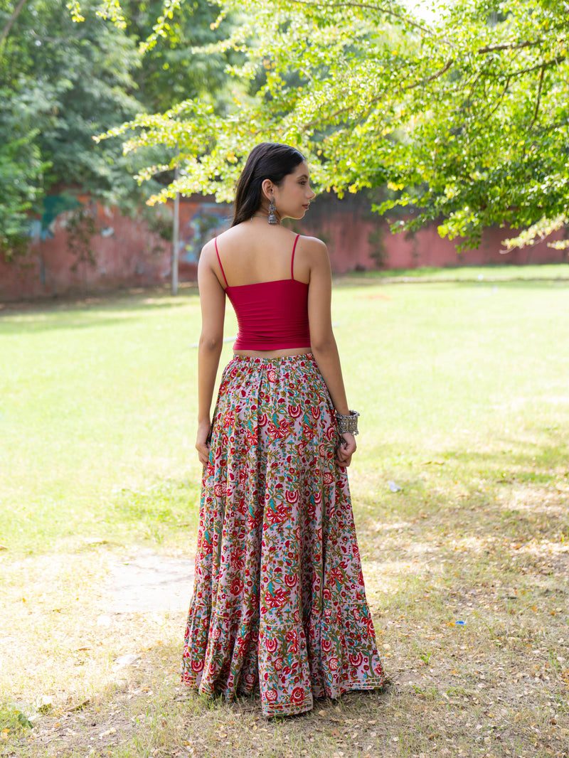 Khushal K Women's Grey Printed Cotton Flared Maxi Skirt