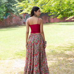 Khushal K Women's Grey Printed Cotton Flared Maxi Skirt