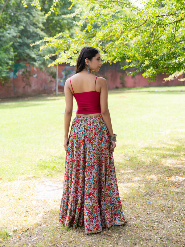 Khushal K Women's Grey Printed Cotton Flared Maxi Skirt