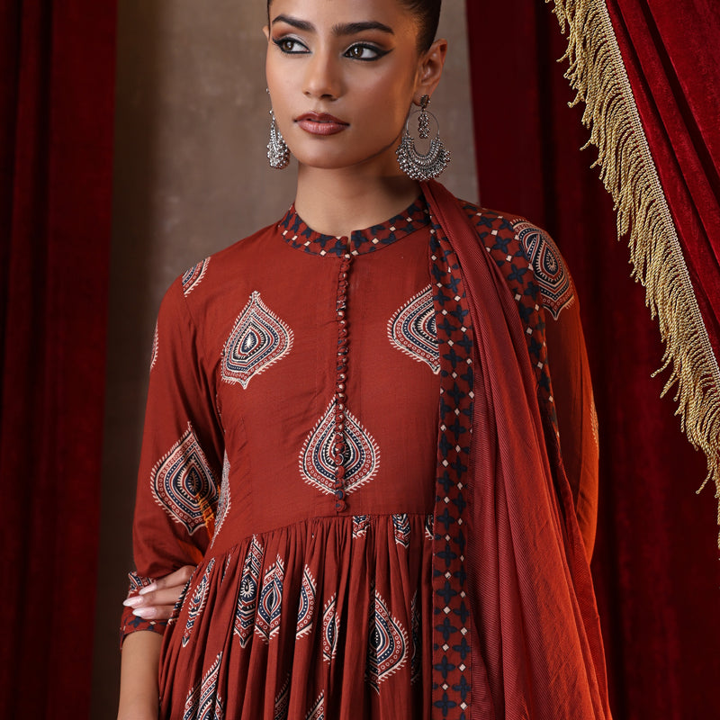 Women Cotton Kurta and Palazzo with Dupatta Set - Rust - Khushal K - Image 3