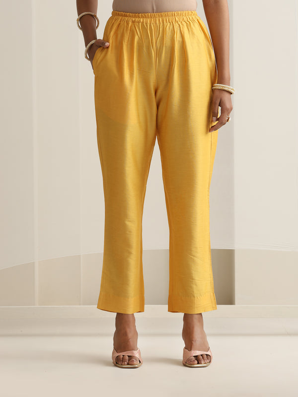 Khushal K Women Pure Silk yellow Embroidered Kurta & Palazzo With Dupatta