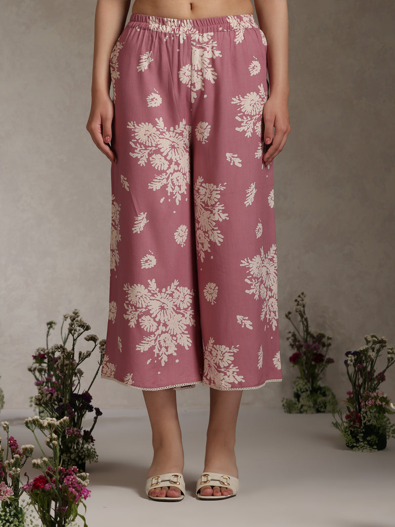 Floral Printed Mauve Co-ord Set with Flared Sleeves