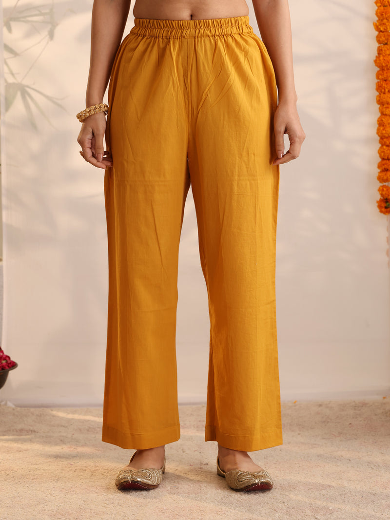 Khushal K Women Cotton Kurta and Palazzo With Dupatta Set - Mustard