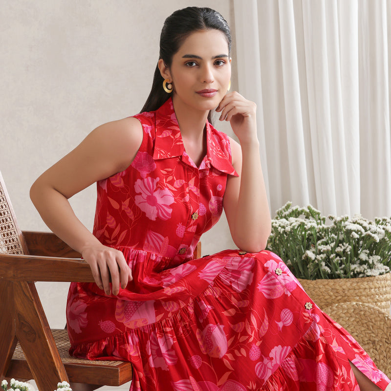 Women Floral Print A-Line Midi Dress - Red - Khushal K - Image 3