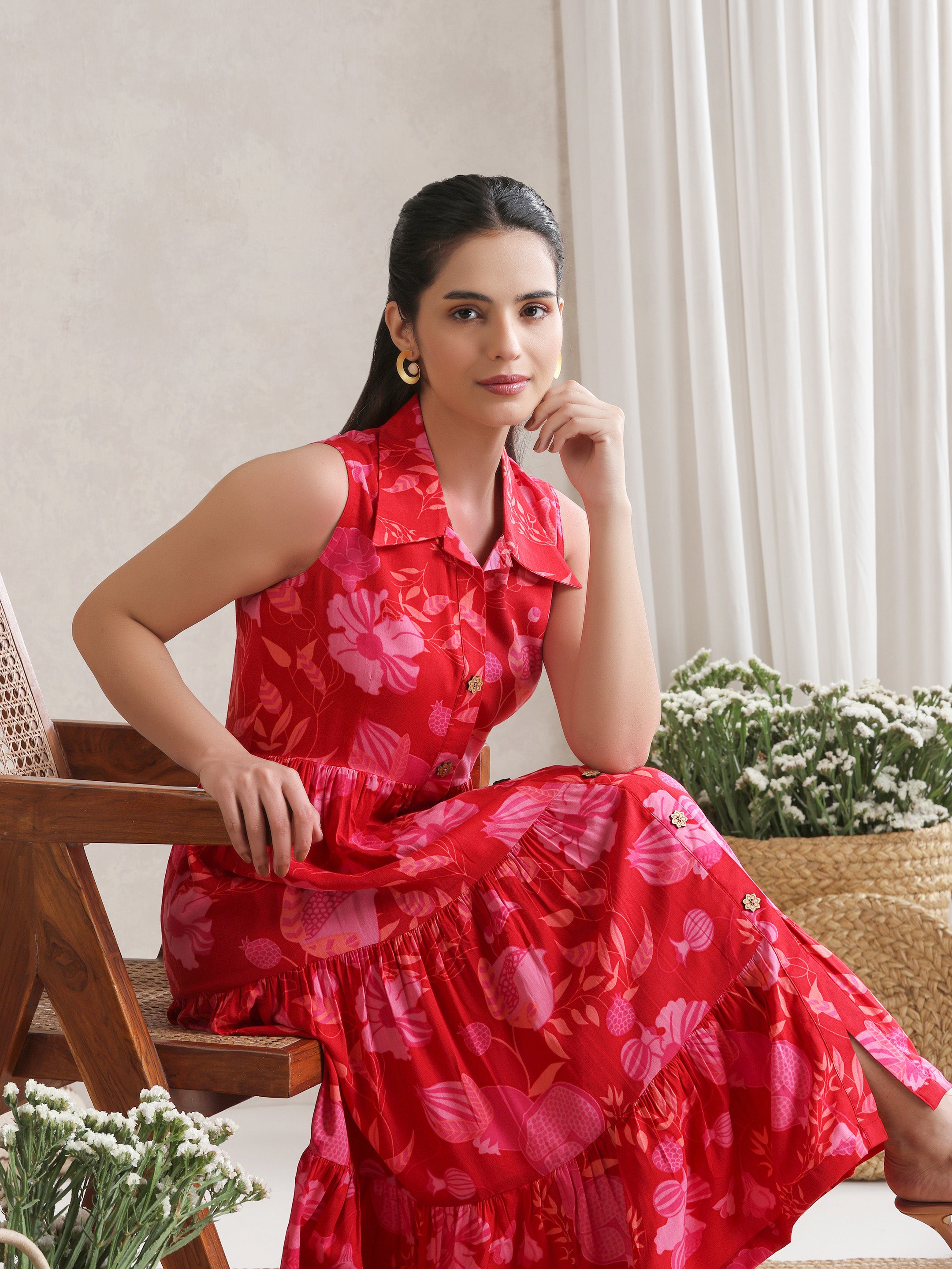 Women Floral Print A-Line Midi Dress