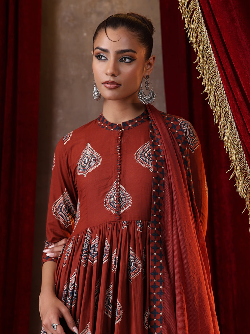 Khushal K Women Cotton kurta and palazzo with dupatta set - Rust