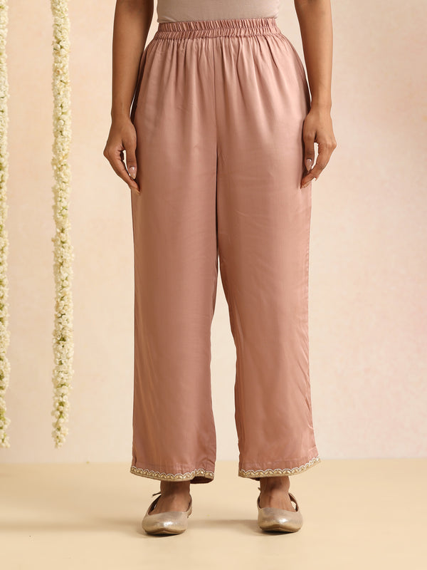 Peach & Gold Solid Kurta with Trousers & Dupatta