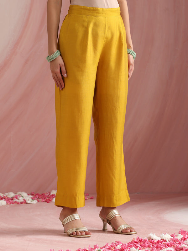 Khushal K Women Pure Silk yellow Embroidered Kurta & Palazzo With Dupatta