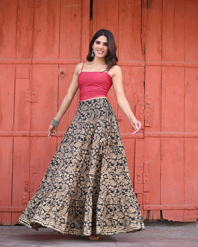 Khushal K Women's Black Printed Cotton Flared Maxi Skirt