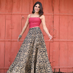Khushal K Women's Black Printed Cotton Flared Maxi Skirt