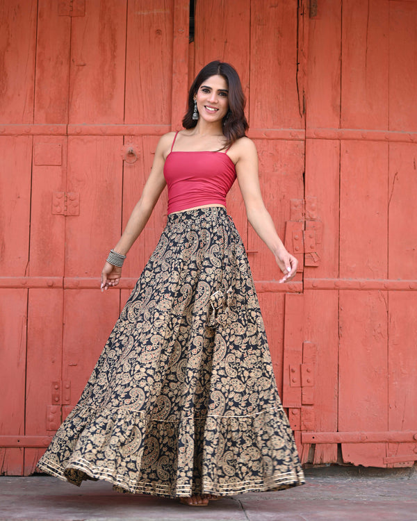 Khushal K Women's Black Printed Cotton Flared Maxi Skirt