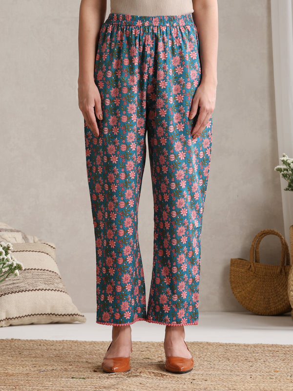 Floral Printed V-Neck Pure Cotton Kurta With Palazzos