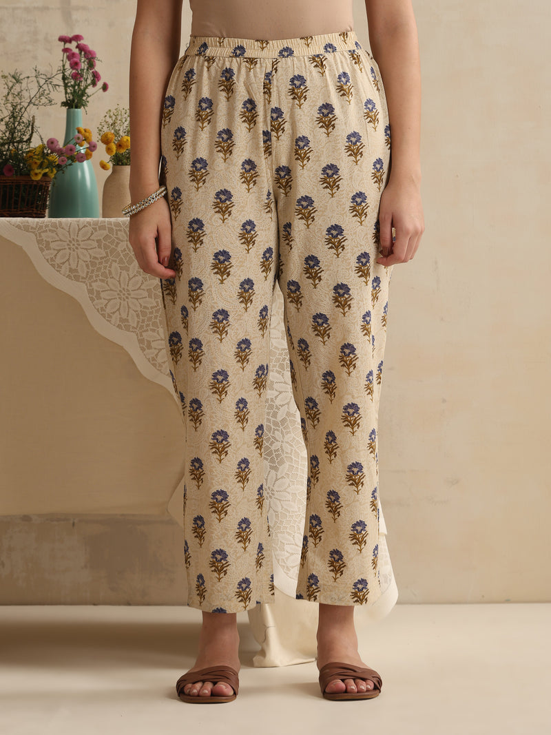 Khushal K Women Floral Printed Regular Pure Cotton Cream Kurta & Palazzo With Dupatta