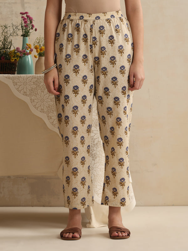 Khushal K Women Floral Printed Regular Pure Cotton Cream Kurta & Palazzo With Dupatta