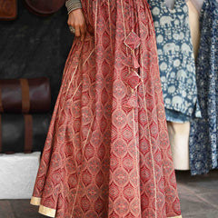 Khushal K Women's Maroon Printed Cotton Flared Maxi Skirt