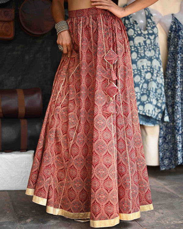 Khushal K Women's Maroon Printed Cotton Flared Maxi Skirt