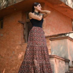 Khushal K Women's Brown Printed Cotton Flared Maxi Skirt