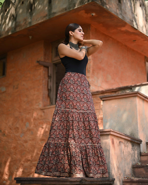 Khushal K Women's Brown Printed Cotton Flared Maxi Skirt
