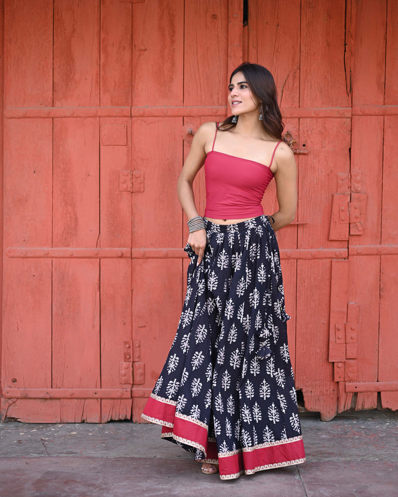 Khushal K Women's Black Printed Cotton Flared Maxi Skirt