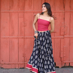 Khushal K Women's Black Printed Cotton Flared Maxi Skirt