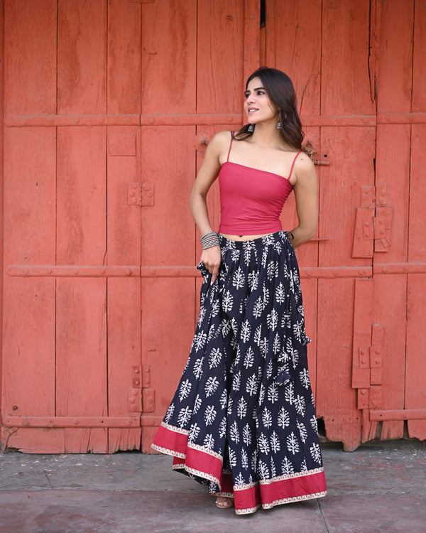 Khushal K Women's Black Printed Cotton Flared Maxi Skirt