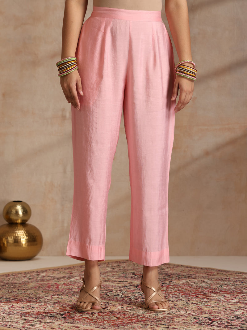 Khushal K Women Pure Silk pink Embroidered Kurta & Palazzo With Dupatta