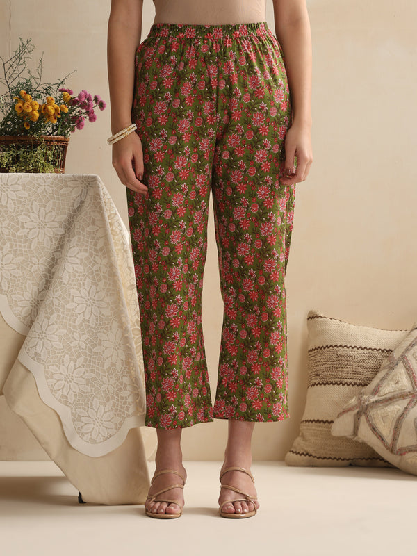 Khushal K Women Floral Printed Regular Pure Cotton Green Kurta & Palazzo With Dupatta