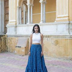 Khushal K Women's Blue Printed Cotton Flared Maxi Skirt