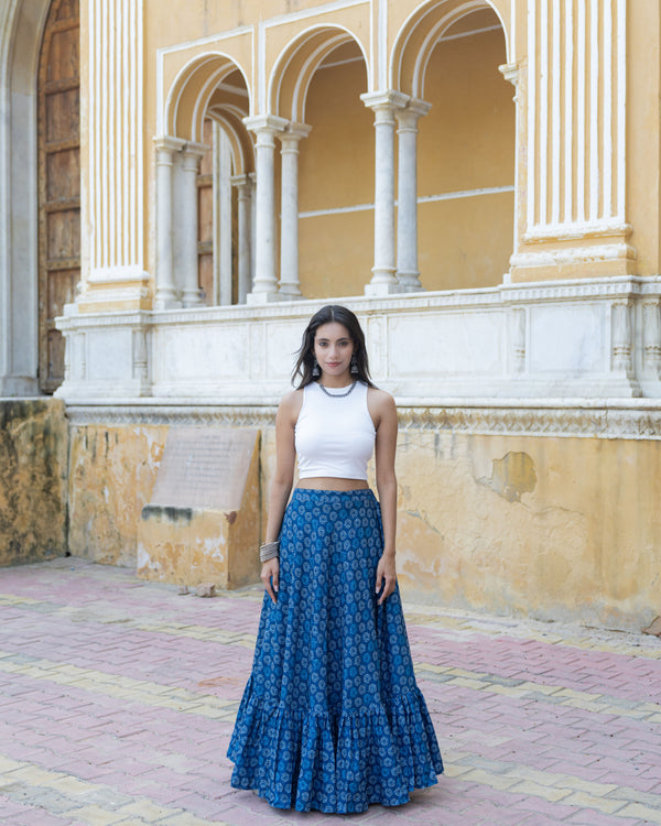 Khushal K Women's Blue Printed Cotton Flared Maxi Skirt