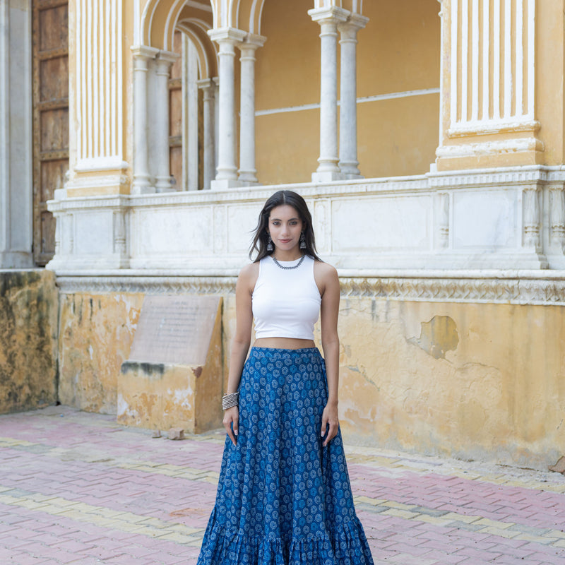 Khushal K Women's Blue Printed Cotton Flared Maxi Skirt