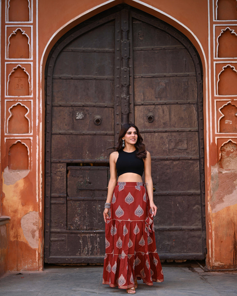 Khushal K Women's Rust Printed Cotton Flared Maxi Skirt
