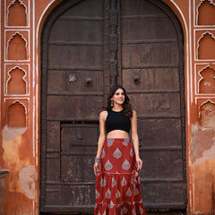 Khushal K Women's Rust Printed Cotton Flared Maxi Skirt