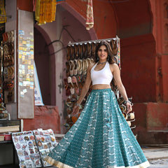Khushal K Women's Turquoise Blue Printed Cotton Flared Maxi Skirt