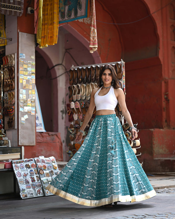 Khushal K Women's Turquoise Blue Printed Cotton Flared Maxi Skirt