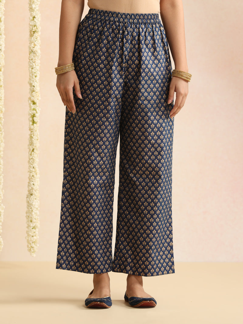 Beige & Navy Blue Printed Kurta with Palazzos & Dupatta Set